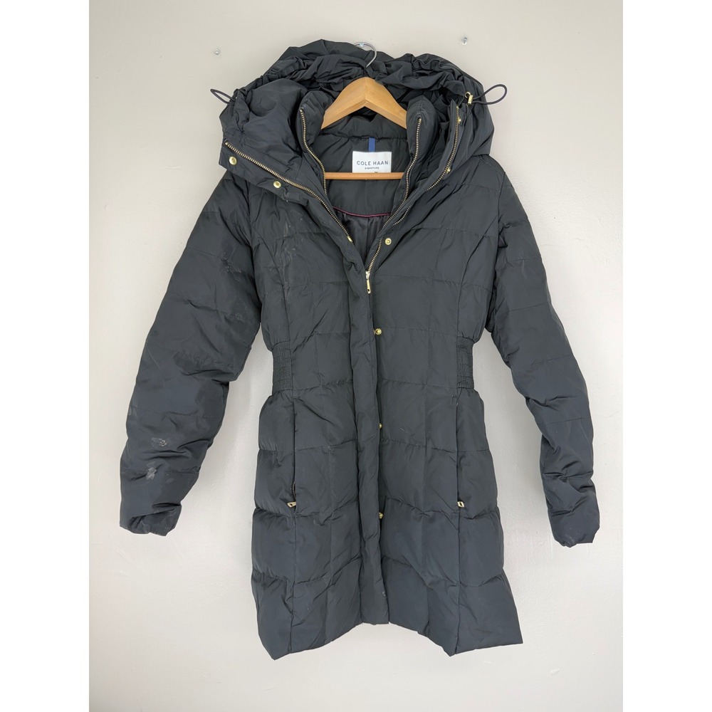 Cole Haan Signature Black Down Puffer Coat Smocked Waist Hooded Parka XS